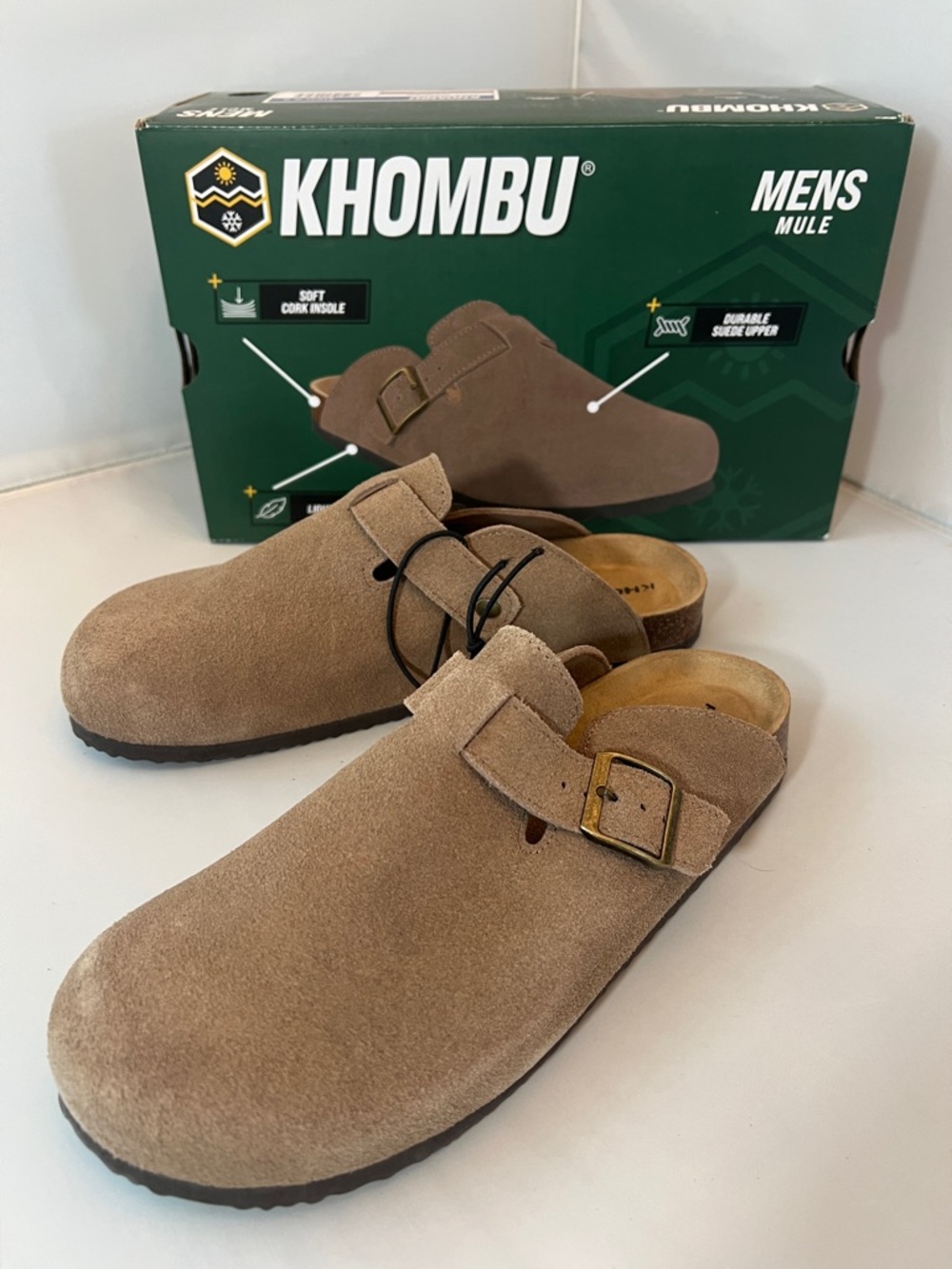 Khombu Men's Suede Mule Clog - Light Brown Slip-On with Buckle. Size 9. NIB.